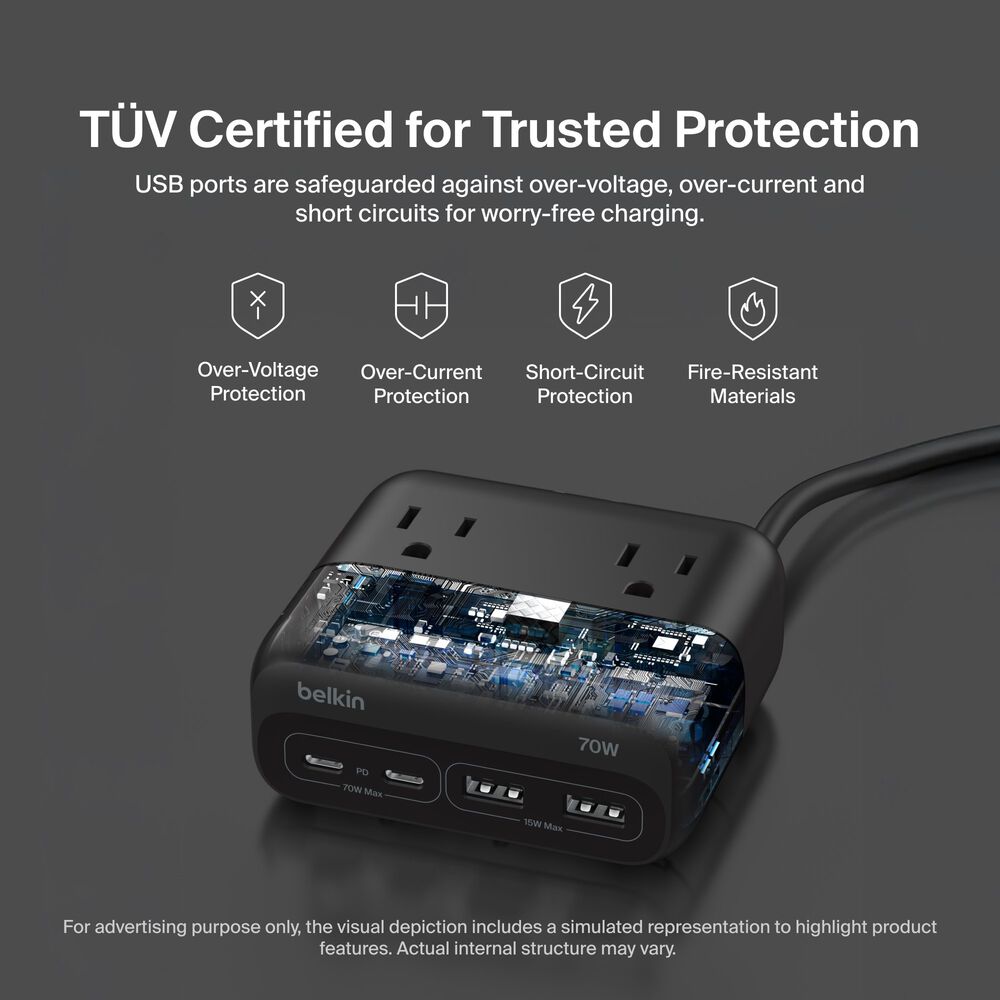 3-Outlet Charging Station with 2 USB-A and 2 USB-C Ports 70W, Black, hi-res