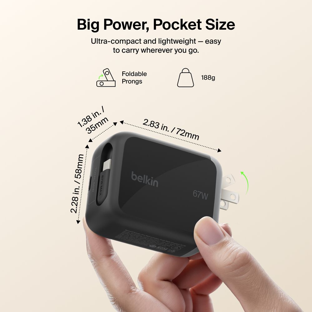 Retractable GaN Wall Charger 67W, , hi-res