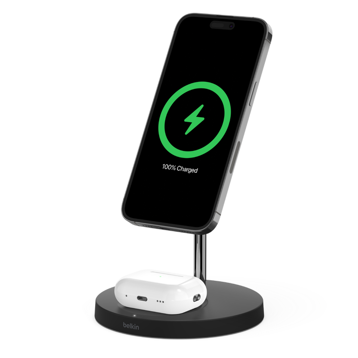 2-in-1 Wireless Charger Stand with Official MagSafe Charging 15W (Certified Refurbished), Black, hi-res