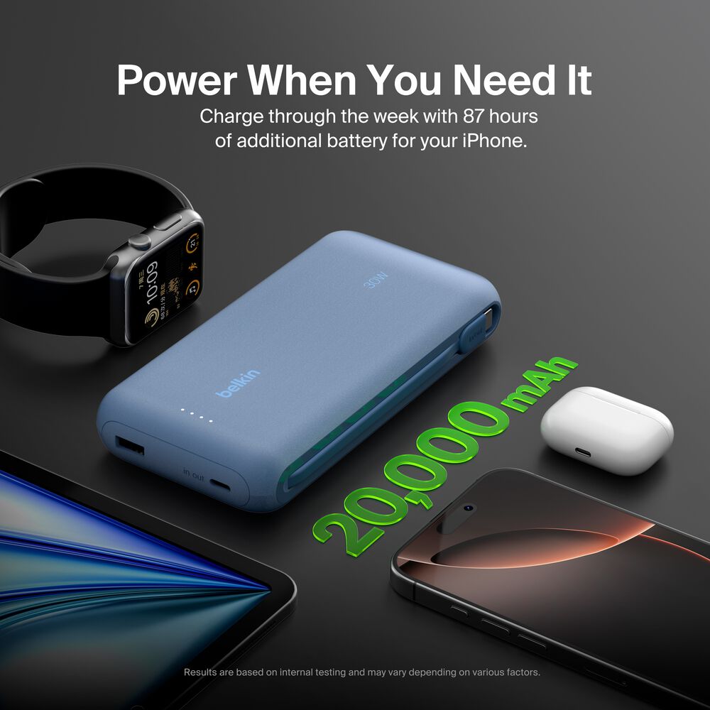 Power Bank 20K with Integrated Cable, Blue, hi-res