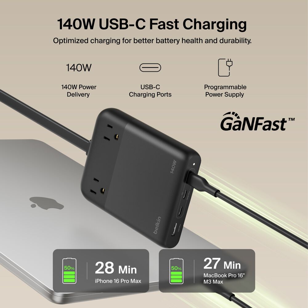 2-Outlet Charging Station with USB-A and 3 USB-C Ports 140W, Black, hi-res