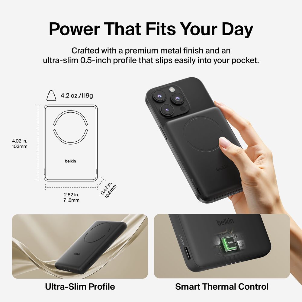 Slim Magnetic Power Bank 5K, Black, hi-res