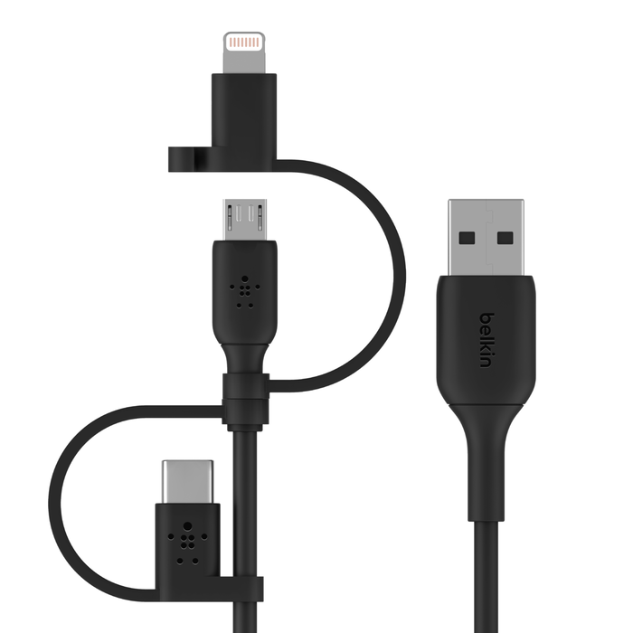 Câble universel 15 W (câble USB-A avec connecteurs USB-C®, Micro-USB et Lightning), Noir, hi-res