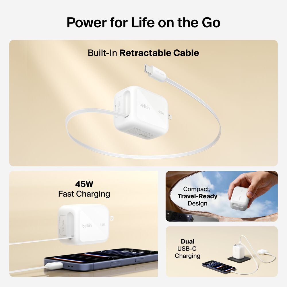 Retractable GaN Wall Charger 45W, , hi-res