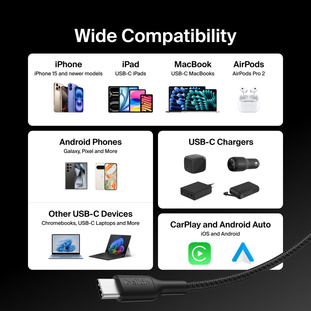 Braided USB-C to USB-C Cable 60W, 3.3ft/1m, Black, Black, hi-res