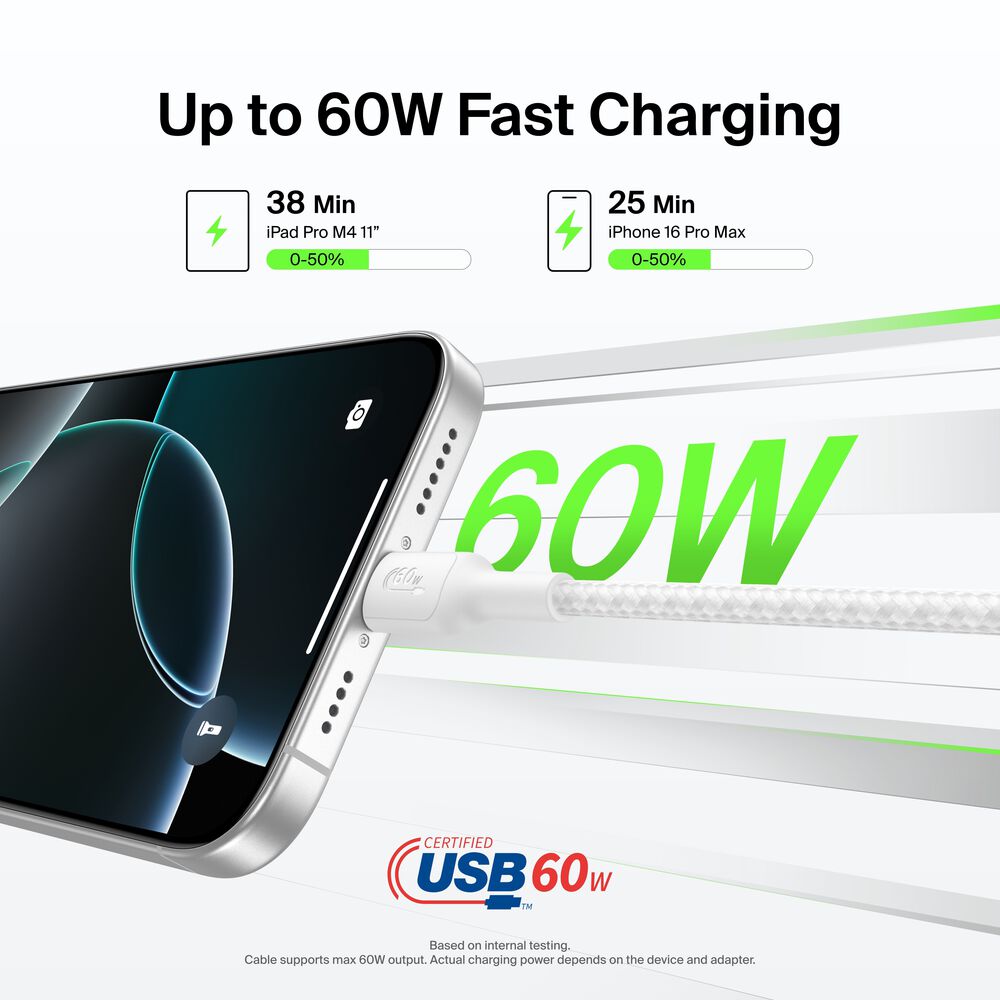 Braided USB-C to USB-C Cable 60W, 3.3ft/1m, White, White, hi-res