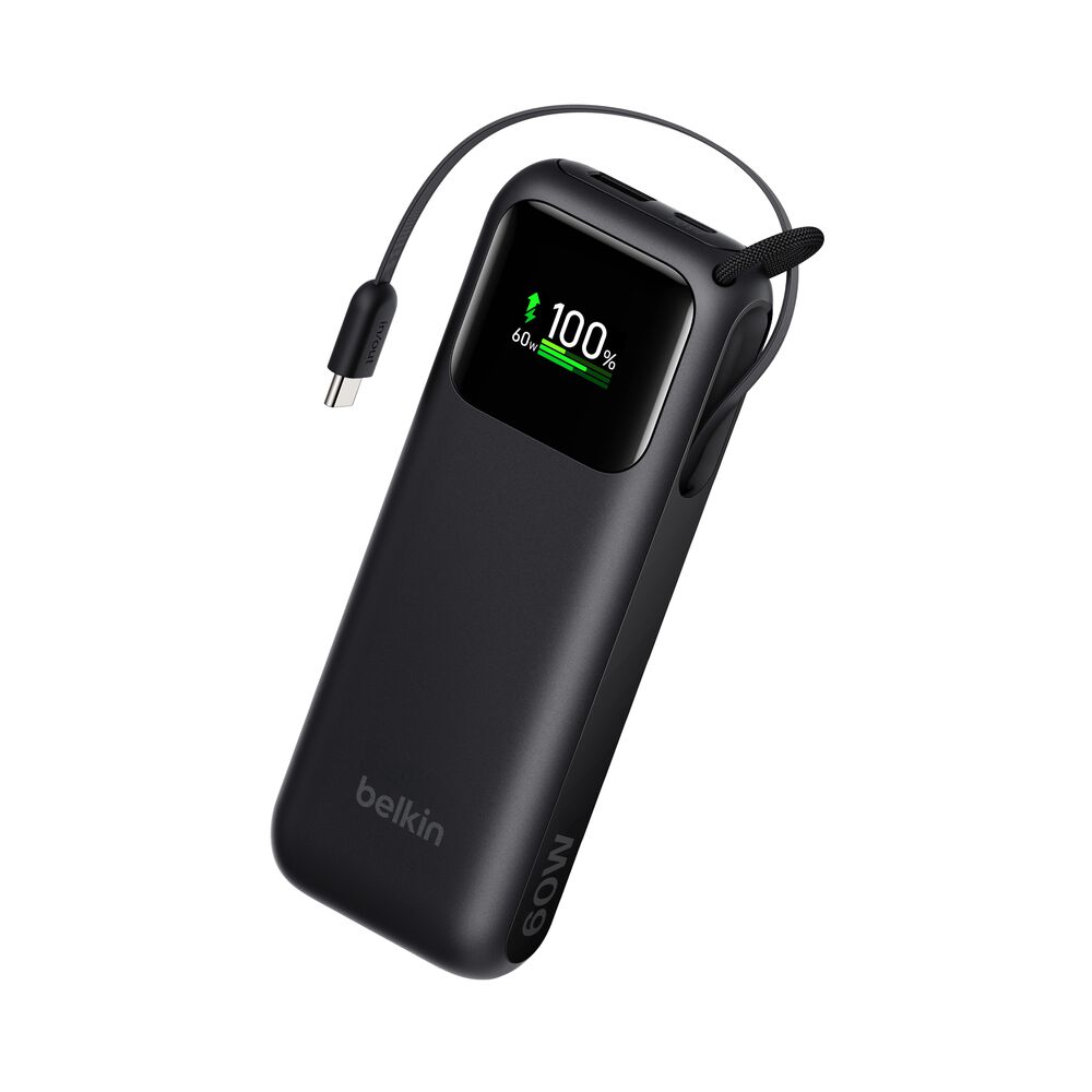 Power Bank 11K with Retractable Cable, Black, hi-res