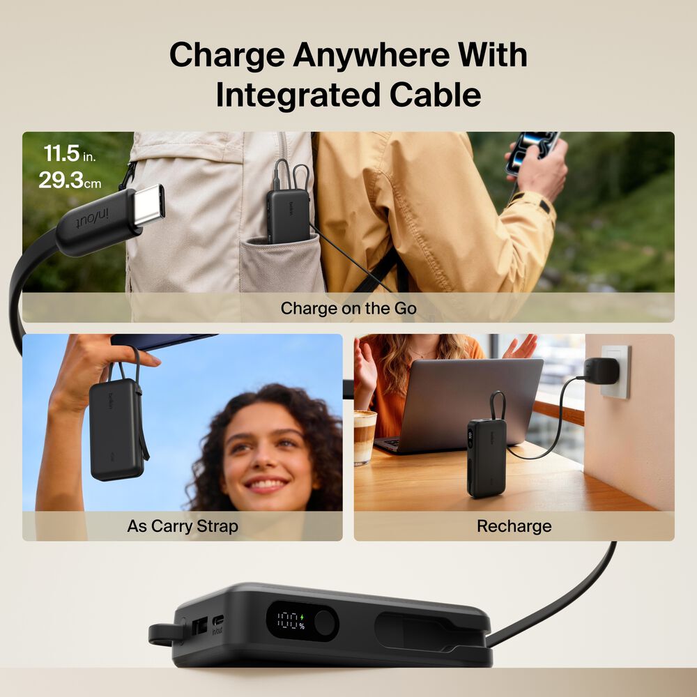Power Bank 10K with Integrated Cable and Display, Black, hi-res