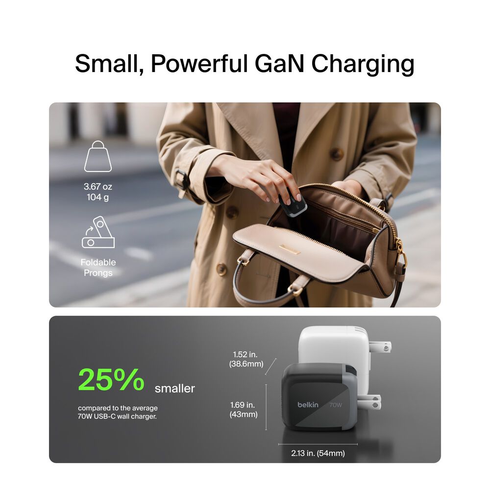 3-Port GaN Wall Charger 70W, Black, hi-res