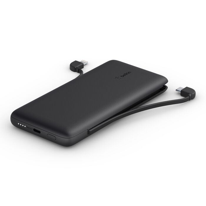 Black Belkin BoostCharge Plus 10K power bank with integrated cables