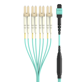 MTP to LC Fiber Optic Cable, 40GB Aqua Multimode MTP/8x LC, 50/125, OM3, Plenum, Aqua, hi-res