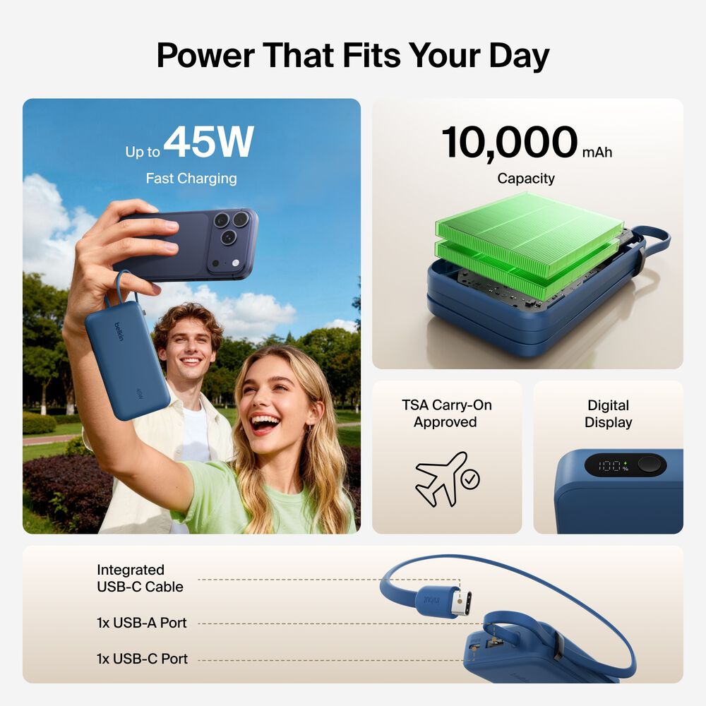 Power Bank 10K with Integrated Cable and Display, Blue, hi-res