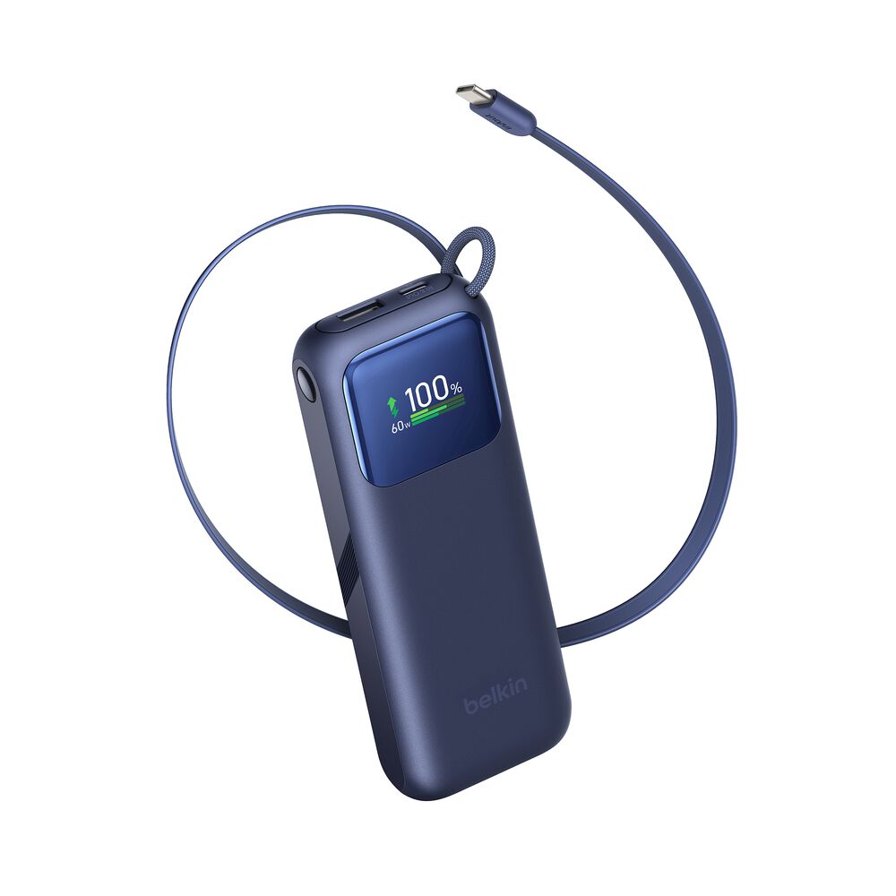 Power Bank 11K with Retractable Cable, Blue, hi-res