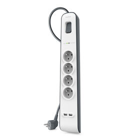 Spanningsbeveiliger met 4 stopcontacten en USB-laadpoorten (2,4 A), White/Gray, hi-res