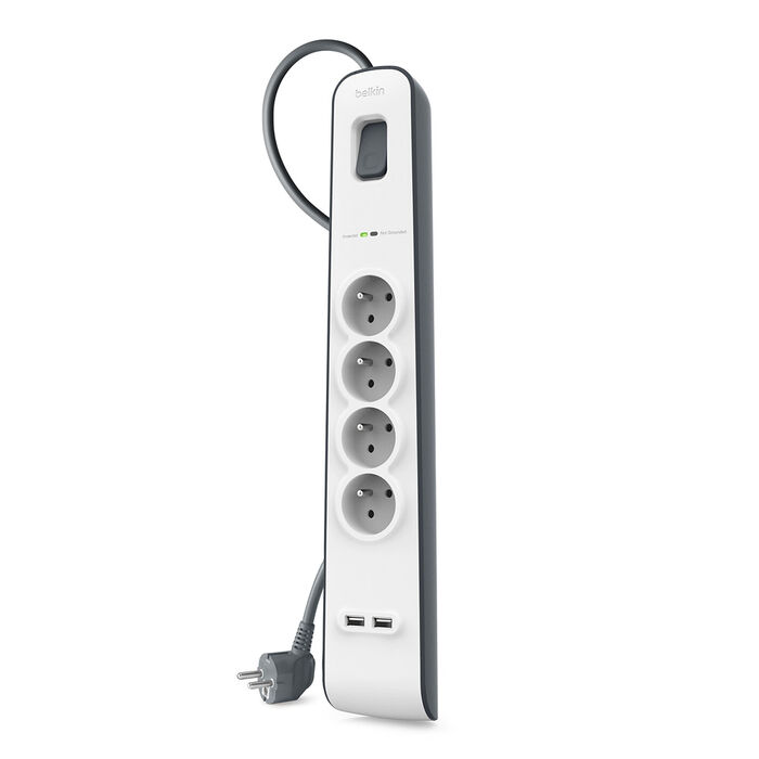 Spanningsbeveiliger met 4 stopcontacten en USB-laadpoorten (2,4 A), White/Gray, hi-res