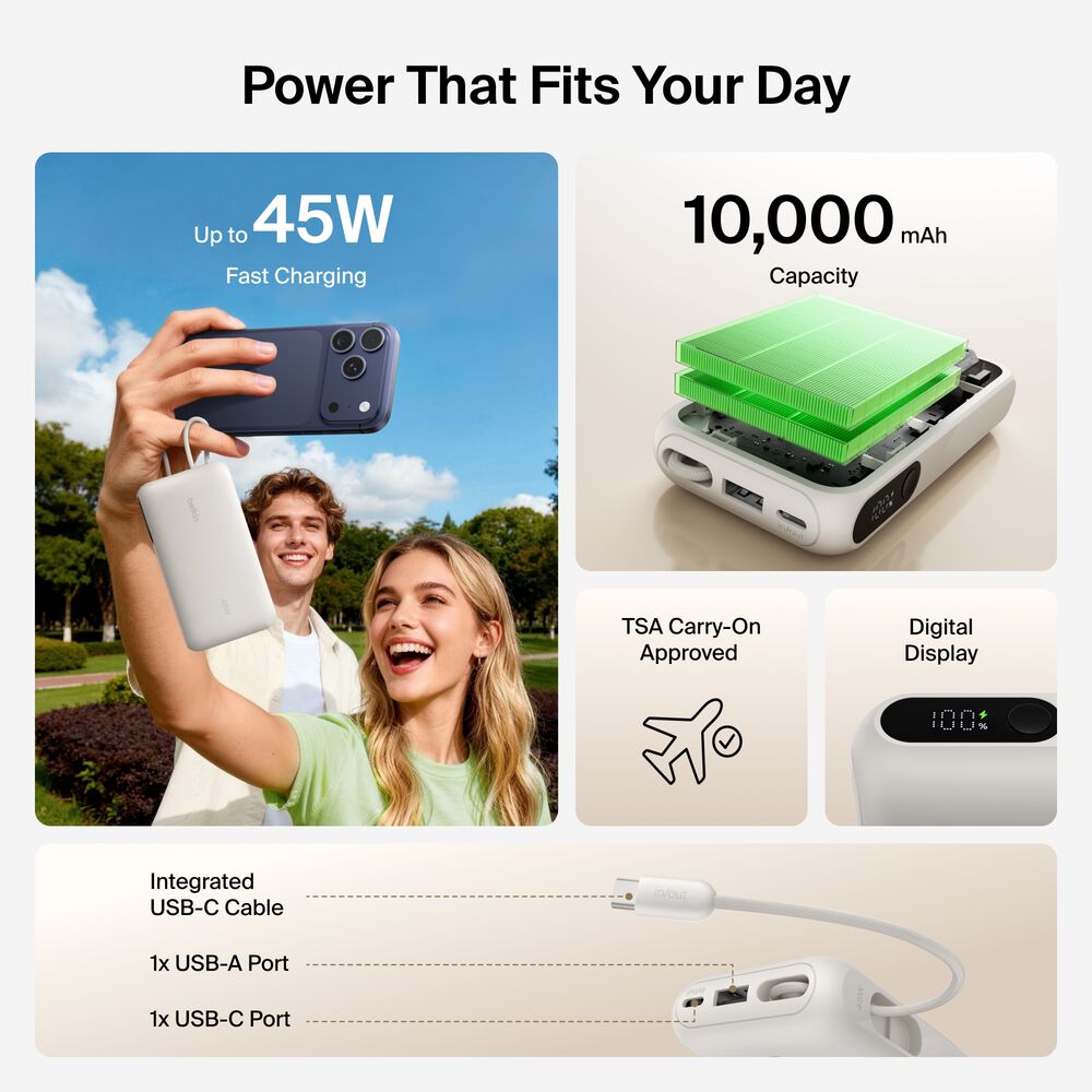 Power Bank 10K with Integrated Cable and Display, Sand, hi-res