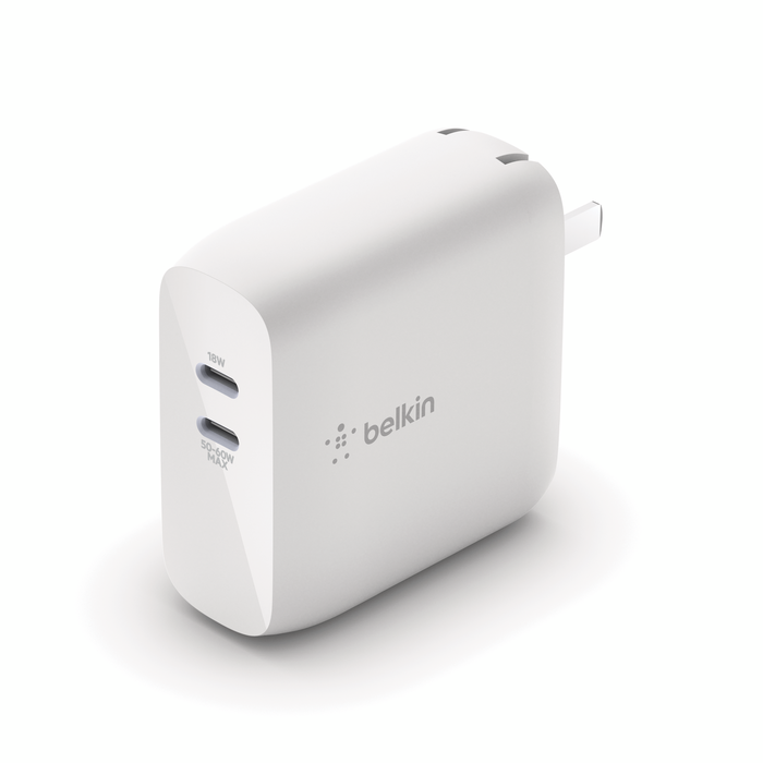 BOOST↑CHARGE™ 63 瓦双 USB-C 口 PD GaN 壁式充电器, 白色的, hi-res