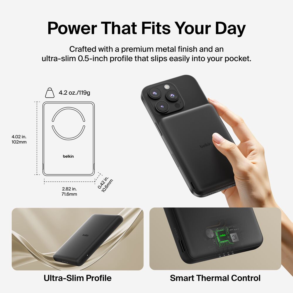 Slim Magnetic Power Bank 5K, Black, hi-res
