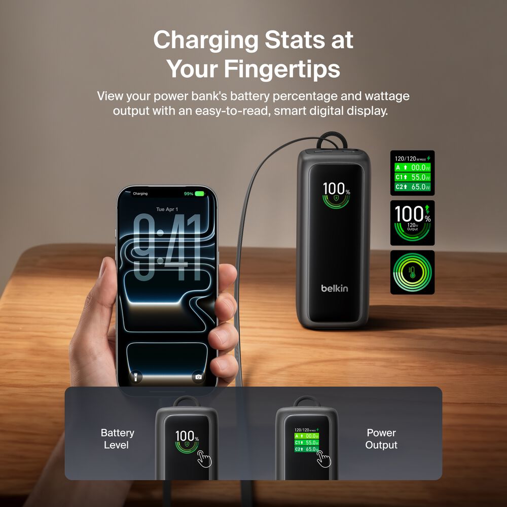 Power Bank 22K with Retractable Cable, Black, hi-res