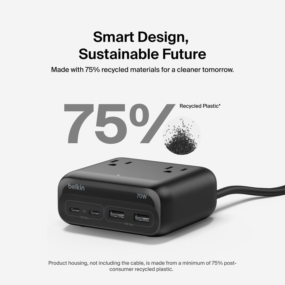 3-Outlet Charging Station with 2 USB-A and 2 USB-C Ports 70W, Black, hi-res