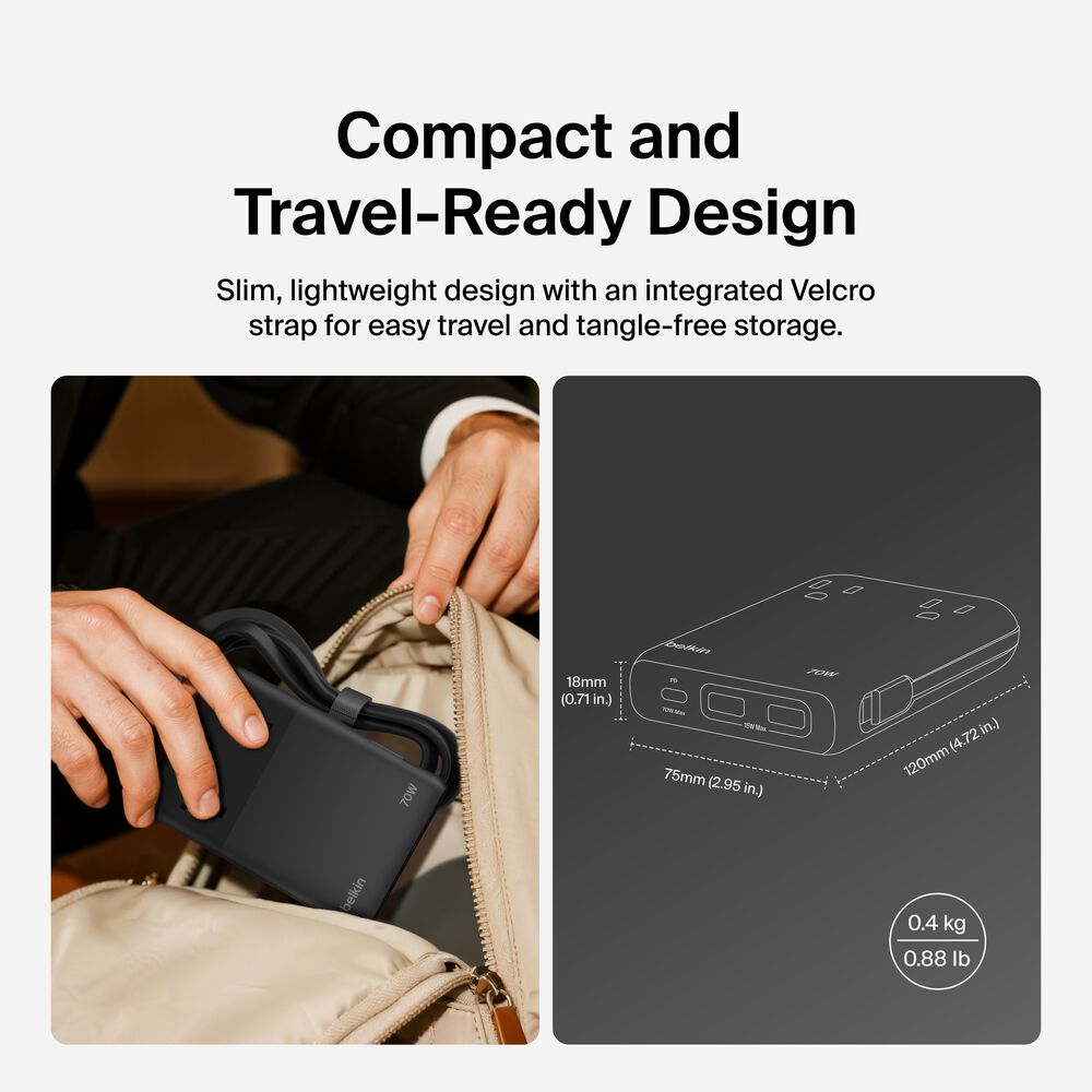 2-Outlet Charging Station with USB Ports and USB-C Cable 70W, Black, hi-res