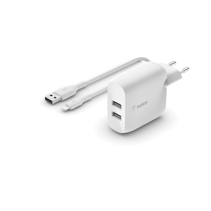 Cargador Doble USB-A 2.4 A Cable Lightning APOKIN PC913Y - Blanco