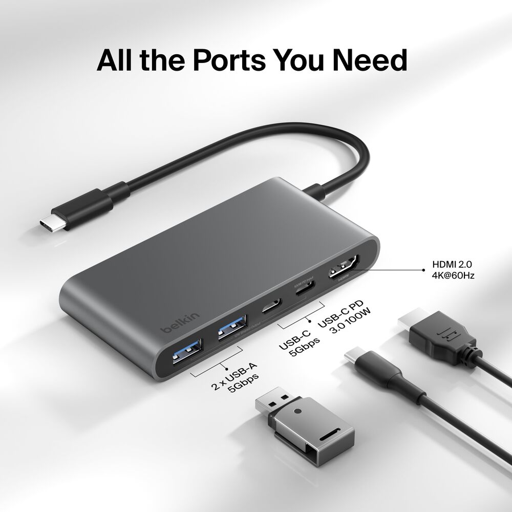 5-Port USB-C Hub with Dual USB-C Ports, Space Gray, hi-res