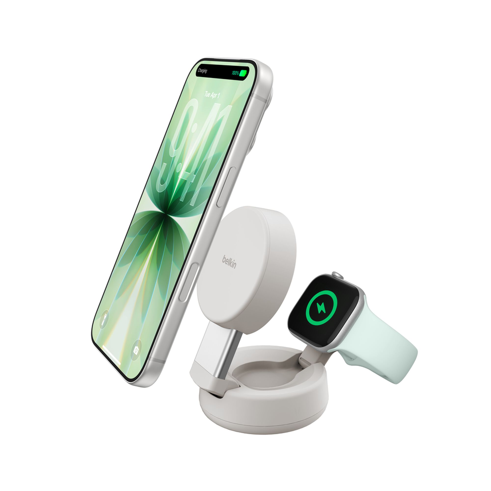 Belkin UltraCharge Pro 2-in-1 Qi2 25W magnetic wireless charger with a smartphone snapped onto its magnetic pad
