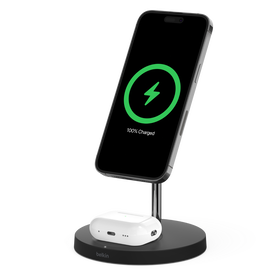 2-in-1 Wireless Charger Stand with Official MagSafe Charging 15W, Black, hi-res