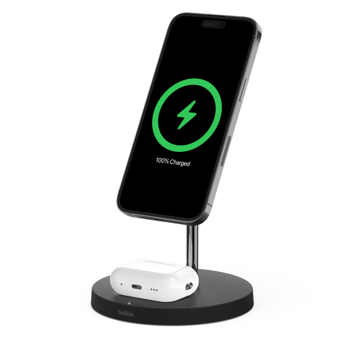 2-in-1 Wireless Charger Stand with Official MagSafe Charging 15W, Black, hi-res