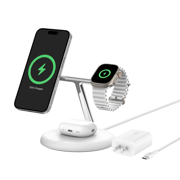 3-in-1 Magnetic Wireless Charging Stand with Qi2 15W, White, hi-res