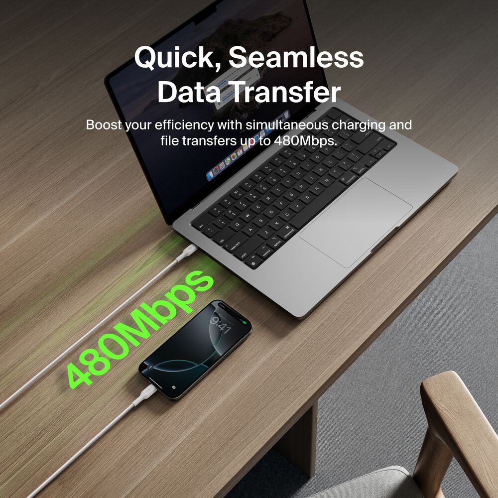 Braided USB-C to USB-C Cable 60W, 3.3ft/1m, White, White, hi-res