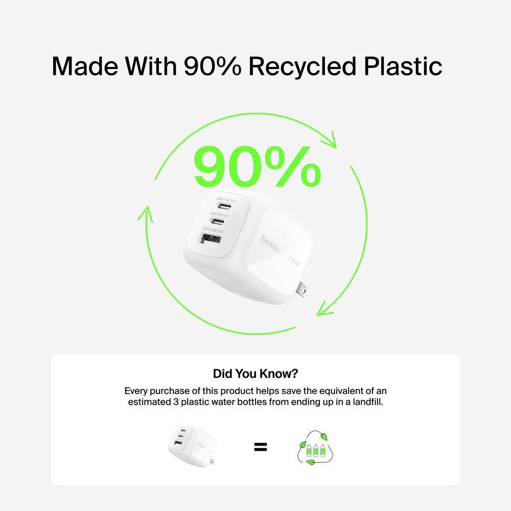 3-Port GaN Wall Charger 70W, White, hi-res