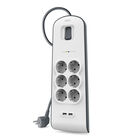 Spanningsbeveiliger met 6 stopcontacten en USB-laadpoorten (2,4 A), White/Gray, hi-res