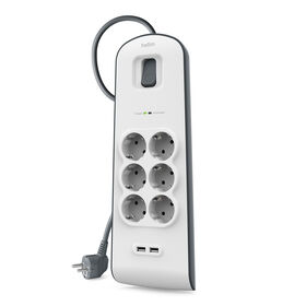 Spanningsbeveiliger met 6 stopcontacten en USB-laadpoorten (2,4 A), White/Gray, hi-res