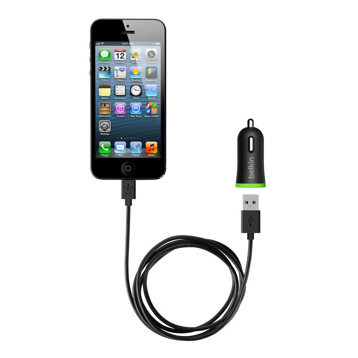Car Charger with Lightning to USB Cable (10 Watt/2.1 Amp), Black, hi-res