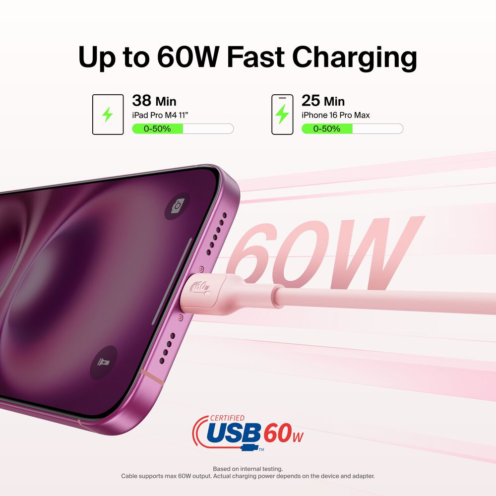 USB-C to USB-C Cable 60W, 3.3ft/1m, Pink, Pink, hi-res