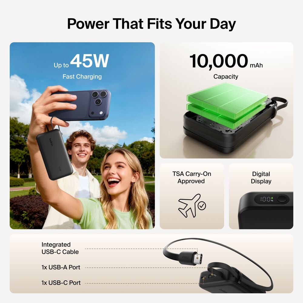 Power Bank 10K with Integrated Cable and Display, Black, hi-res