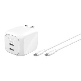 Dual USB-C GaN Wall Charger 50W + USB-C Cable, White, hi-res