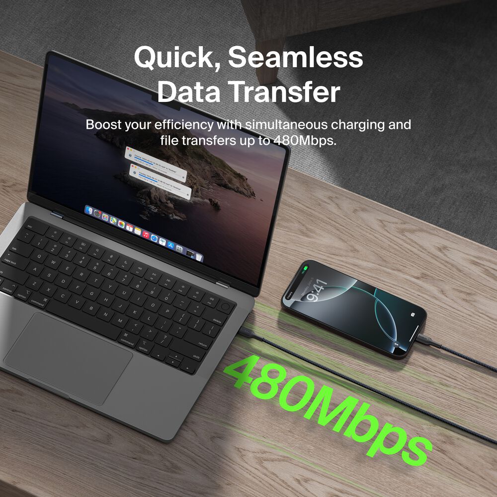 Braided USB-A to USB-C Cable 15W, 3.3ft/1m, Black, Black, hi-res