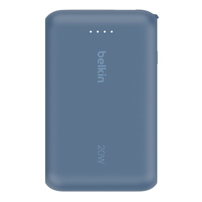 Blue Belkin BPB021hqBL power bank shown from the front with four charge-indicator lights