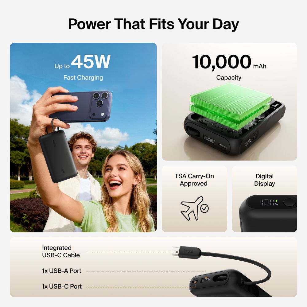 Power Bank 10K with Integrated Cable and Display, Black, hi-res
