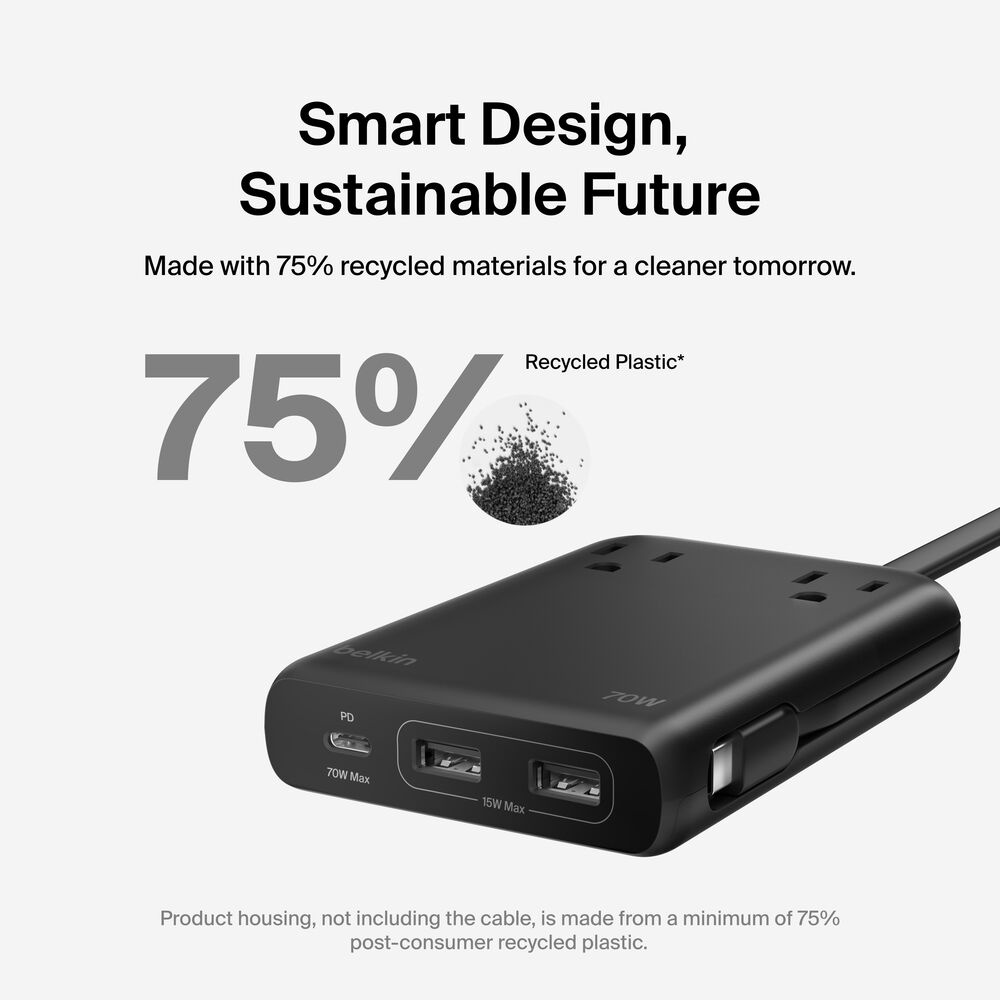 2-Outlet Charging Station with USB Ports and USB-C Cable 70W, Black, hi-res