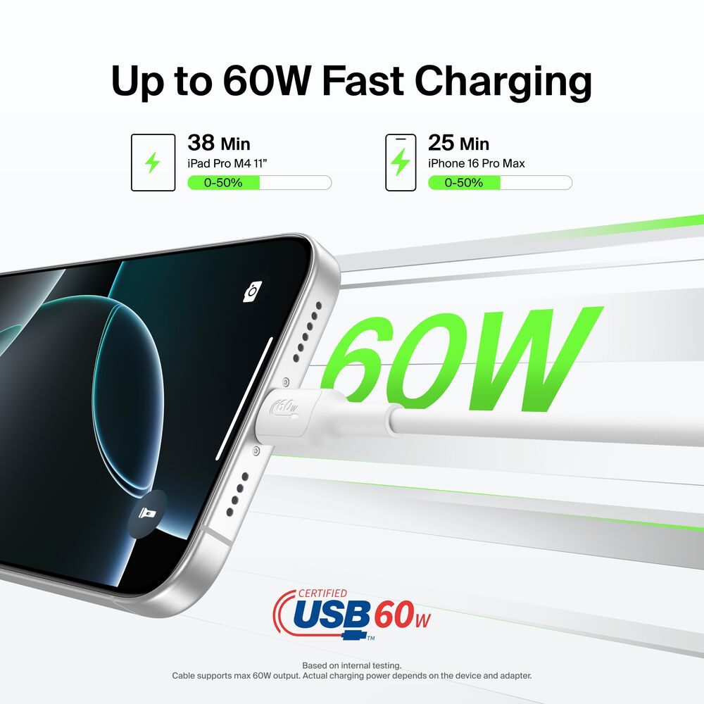 USB-C to USB-C Cable 60W, 3.3ft/1m, White, White, hi-res