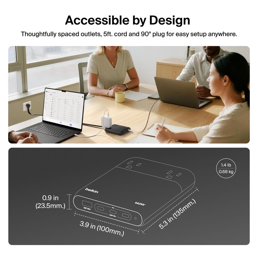 2-Outlet Charging Station with USB-A and 3 USB-C Ports 140W, Black, hi-res