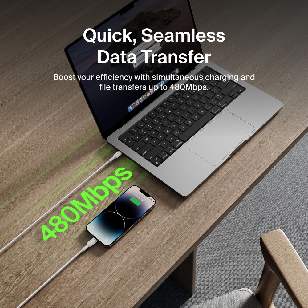 USB-C Braided Cable with Lightning Connector, 6.6ft/2m, White, White, hi-res