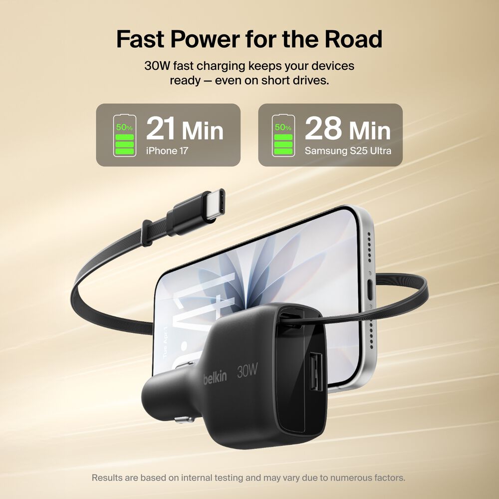 Retractable Car Charger 30W, Black, hi-res
