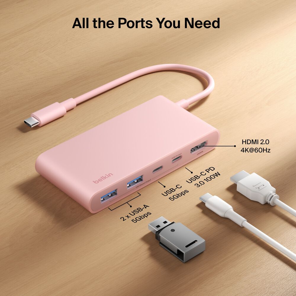 5-Port USB-C Hub with Dual USB-C Ports for MacBook Neo, Blush Pink, hi-res