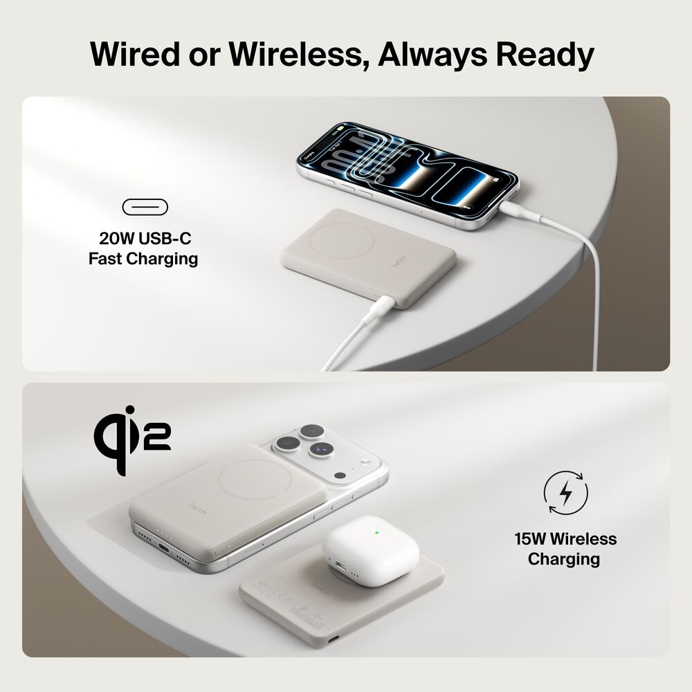 Slim Magnetic Power Bank 5K with Qi2, Sand, hi-res