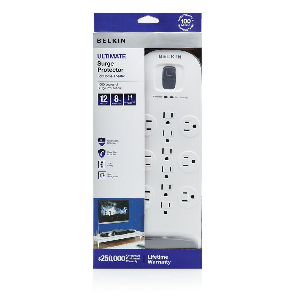 12-outlet Surge Protector with 8 ft Power Cord with Cable/Satellite and Telephone Protection, White, hi-res